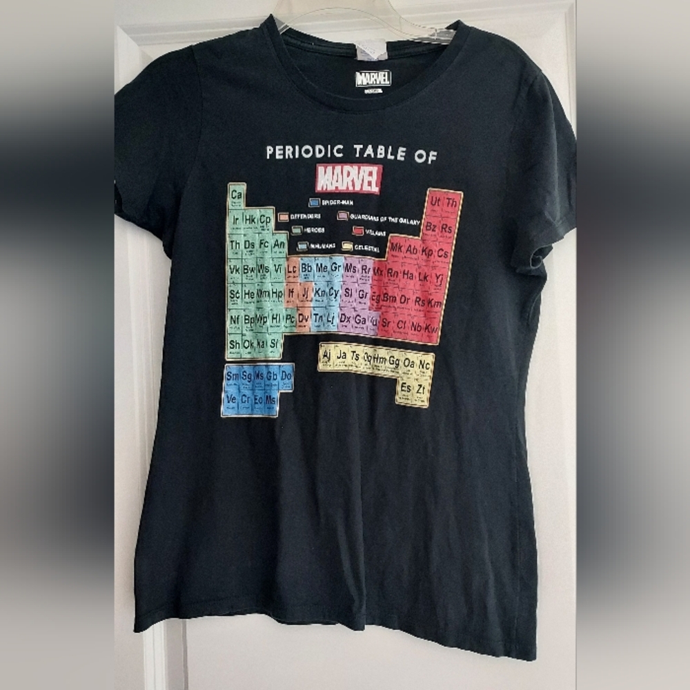 Marvel T-Shirt Womens Black Periodic Table Elements Graphic Tee Small Super Hero